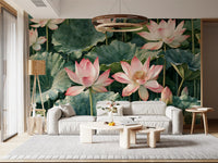 Serene Lotus Pond Botanical Illustration Wall Mural