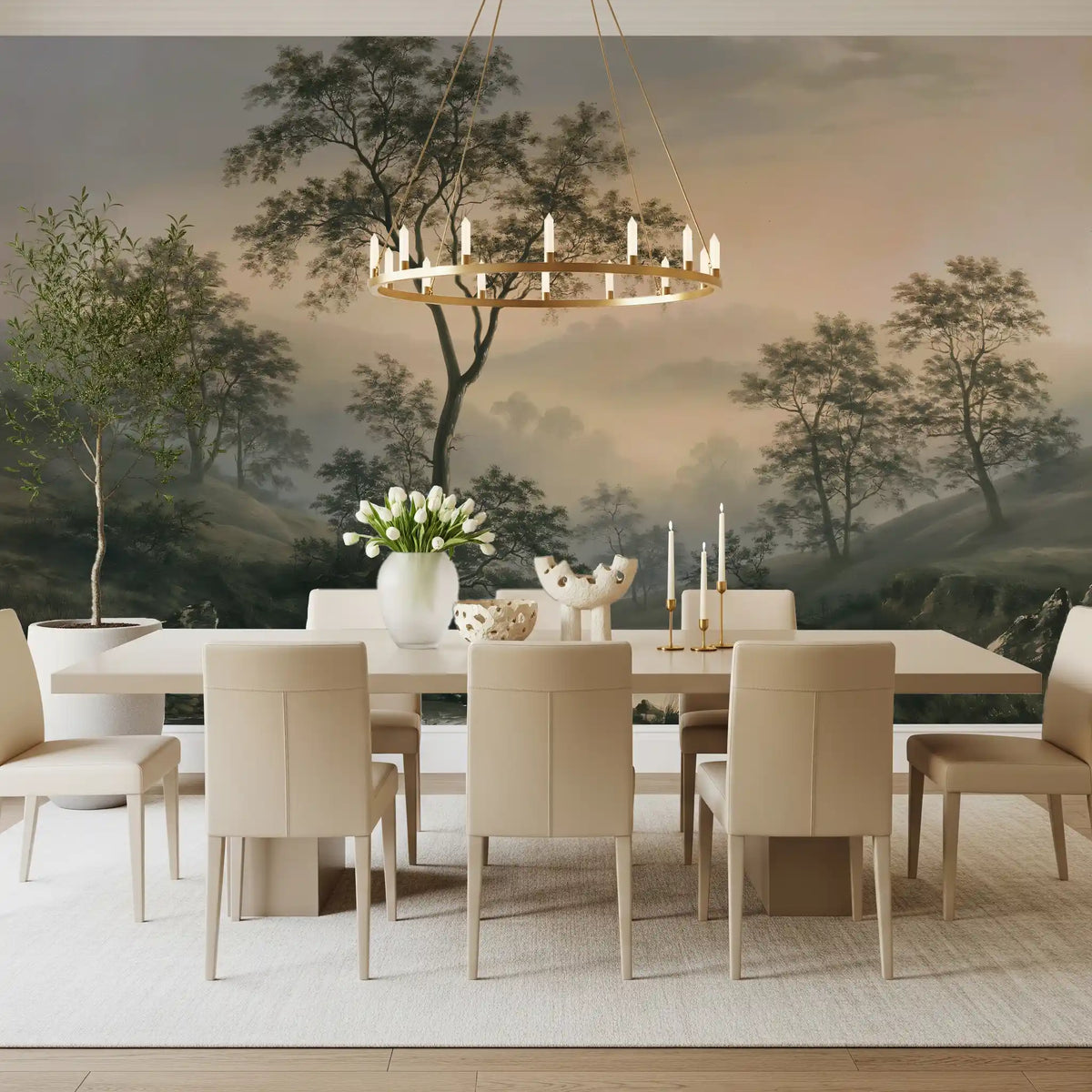 Misty river valley landscape wall mural in a dining room with cream chairs and brass chandelier GD12774