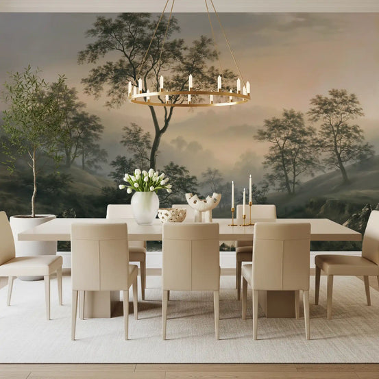 Misty river valley landscape wall mural in a dining room with cream chairs and brass chandelier GD12774