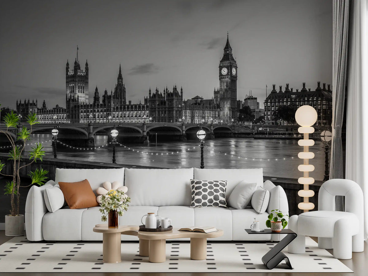 Black and white Westminster mural above a white sofa with wood side tables GD12782