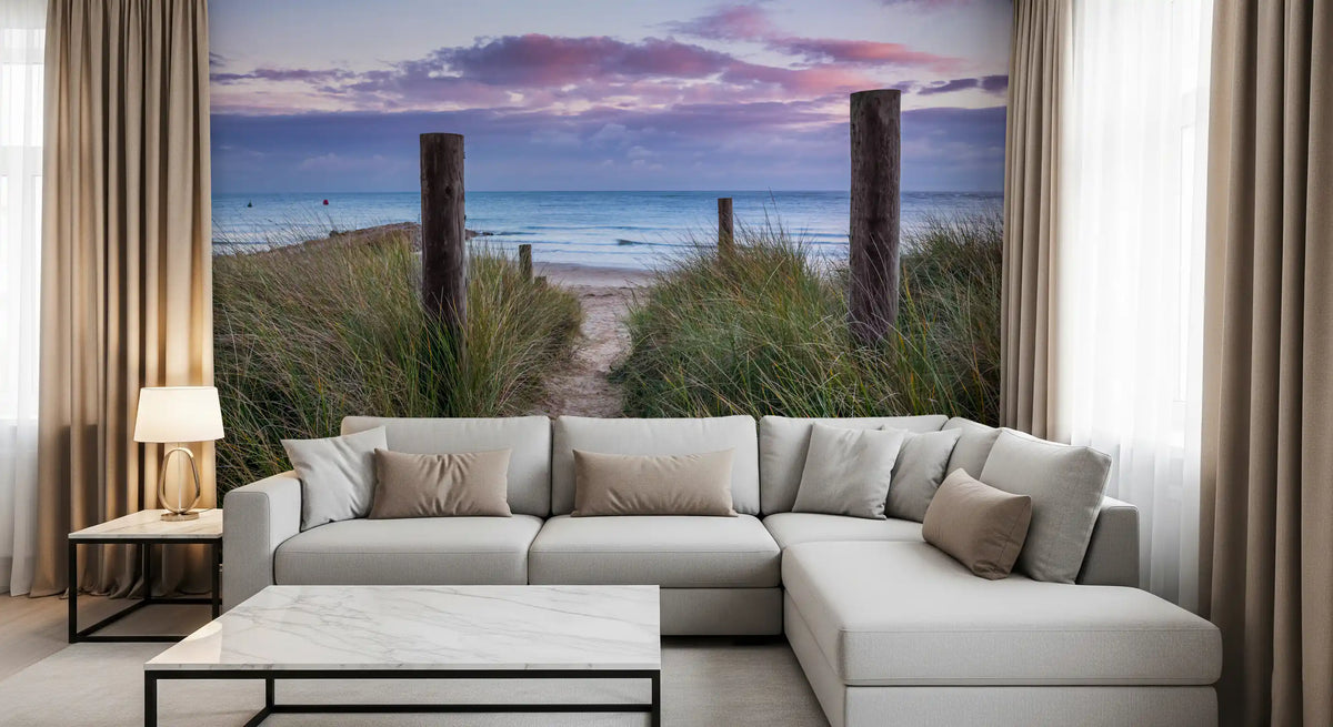 Coastal grasses seascape mural behind a grey sectional sofa in a living room GD12786