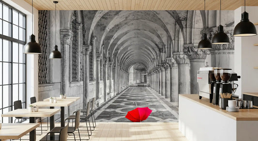 Italian stone corridor mural in a cafe with pendant lights and wood tables GD12787