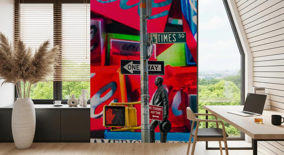Neon Manhattan Times Square mural in a home office with a desk and window GD12789