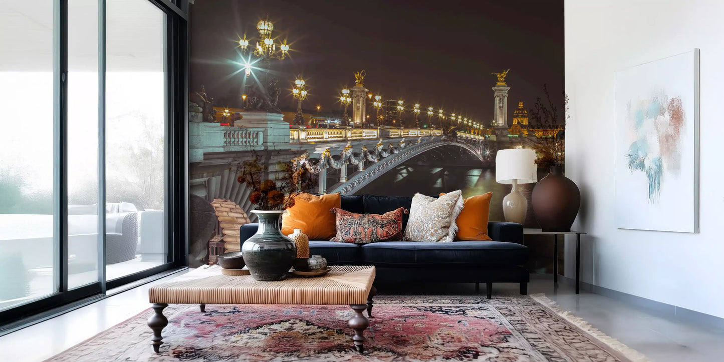 Midnight Parisian Bridge Illumination Wall Mural
