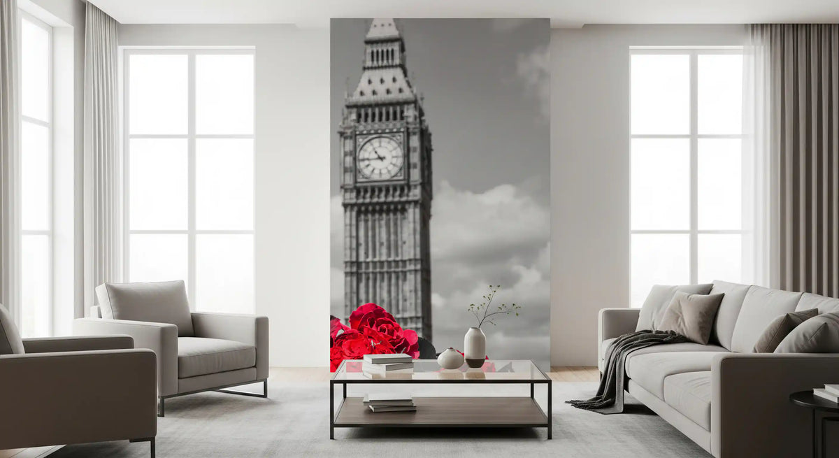 Crimson roses London mural behind a grey armchair and sofa GD12797
