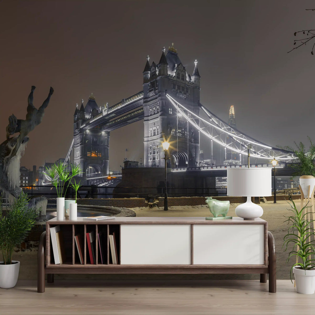 Tower Bridge night wall mural above a white media console and plant GD12803
