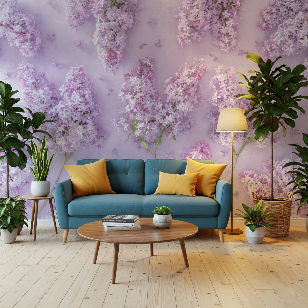 Lilac floral wall mural behind a teal sofa with yellow cushions in a bright living room GD12804