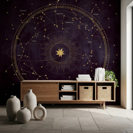 Wooden sideboard and ceramic vases set against the zodiac gold map wall mural GD12813