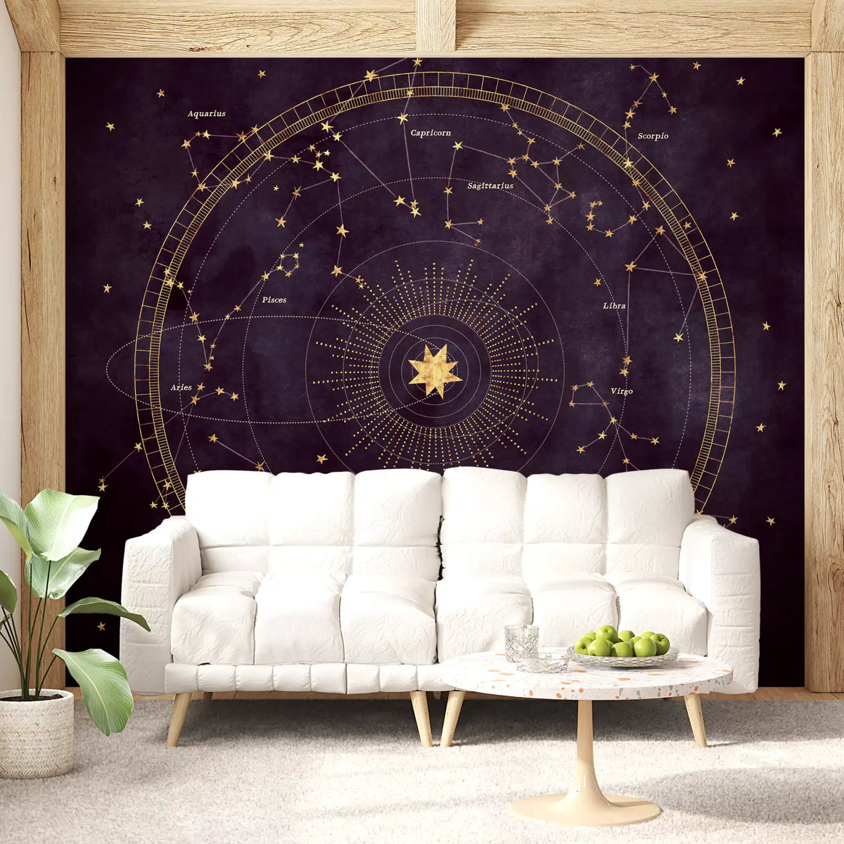 Celestial Zodiac Gold Map wall mural behind a white sofa and marble coffee table GD12813