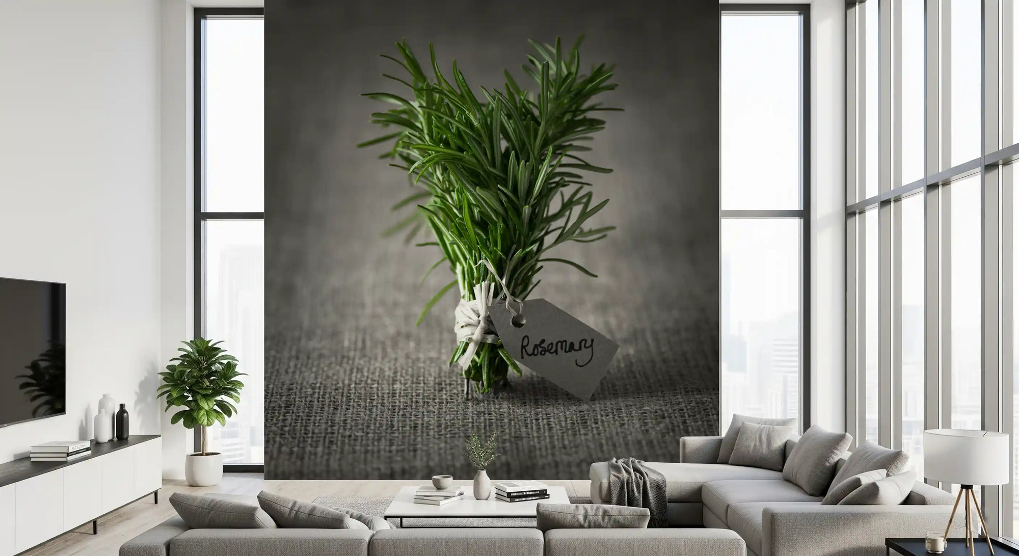 Rustic Herb Bundle Still Life wall mural behind a grey sofa and TV unit GD12818