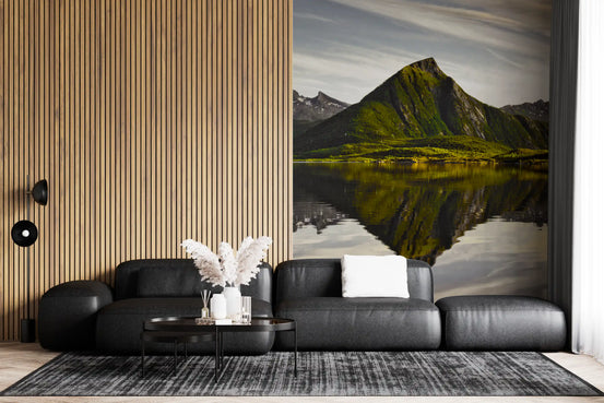 Glacial Lake and Mountain Vista wall mural behind a black leather sofa GD12819