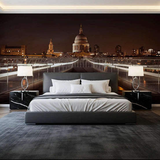Midnight St Pauls Cathedral wall mural behind a grey bed and marble nightstands GD12820