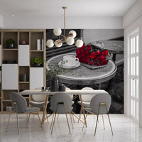 Crimson Blooms at a Bistro Table Wall Mural