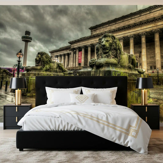 A calm bedroom sits below two stone lions in this cityscape wall mural GD12822
