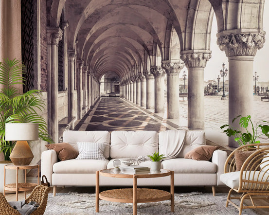 Living room glows beside a stone colonnade, Grand Archway wall mural GD12824
