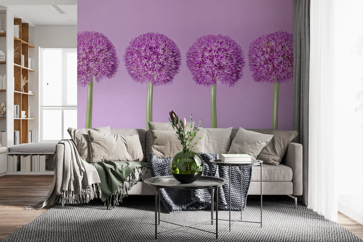 Lavender Floral Spheres wall mural warming a calm grey sofa living room GD12826