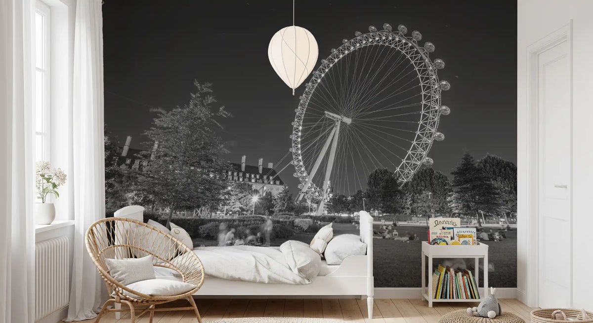Evening Park Riverside Landmark wall mural behind a calm rattan-bed bedroom GD12828
