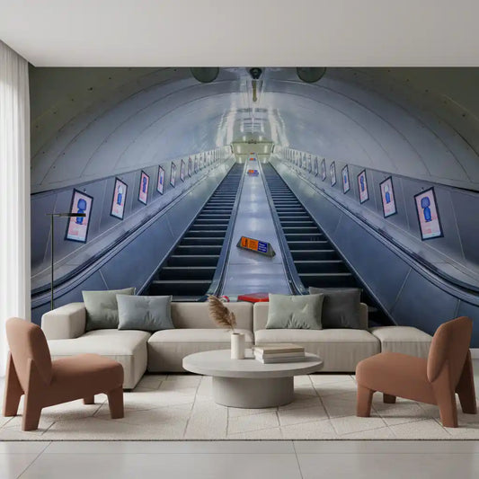 Metallic Transit Geometry wall mural behind a beige sofa and terracotta armchairs GD12829