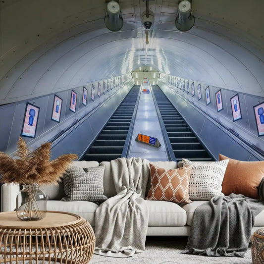 Grey sofa and pampas grass set against the metallic transit wall mural GD12829