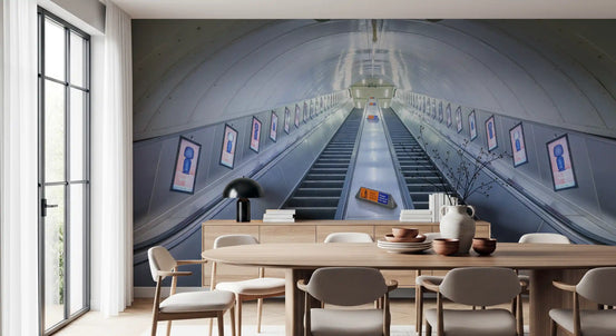 Steel escalator wall mural drawing the eye across a Dining room, GD12830
