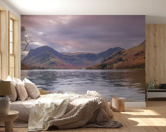 Serene Mountain Wilderness wall mural over a cream bed with a chunky throw GD12834