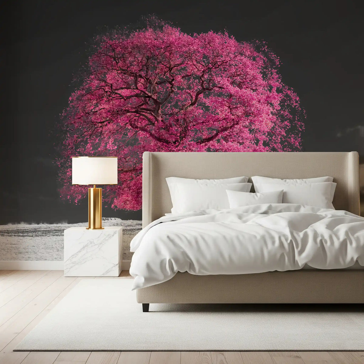 Pink tree wall mural glowing behind a white bed and gold lamp in a calm bedroom GD12835