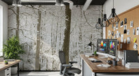 Ashen birch wall mural deepening a cosy Home office setting GD12836