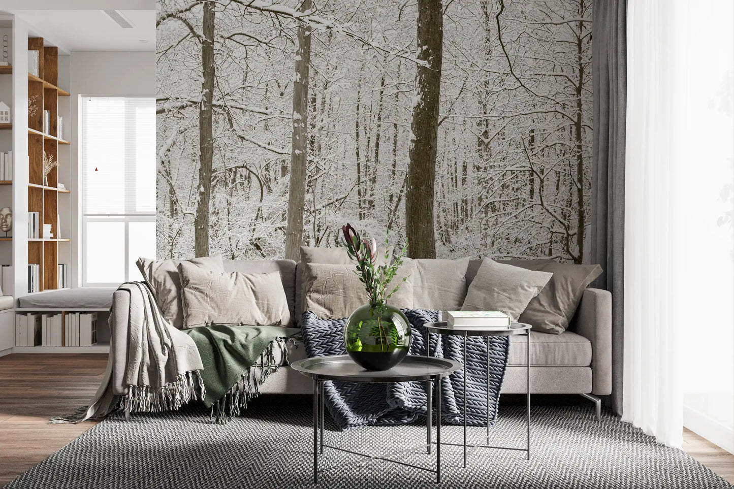 Bare birch trunks give this snowy wall mural its quiet depth GD12836
