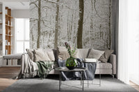 Bare birch trunks give this snowy wall mural its quiet depth GD12836
