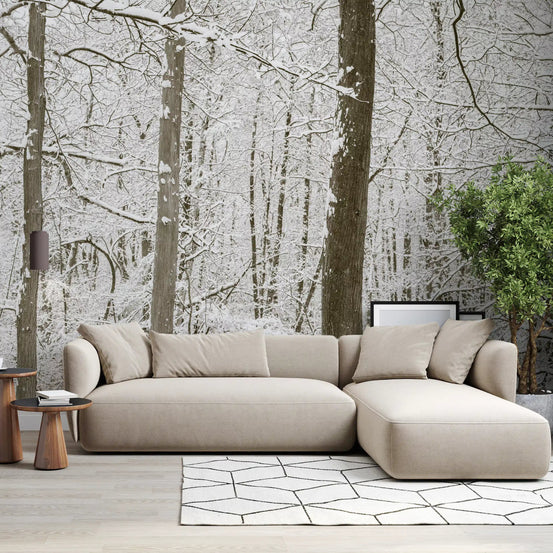 Snowy birch wall mural behind a beige sofa and geometric rug in a bright living room GD12836