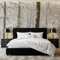 Snowy birch wall mural lending calm to a restful bedroom GD12836
