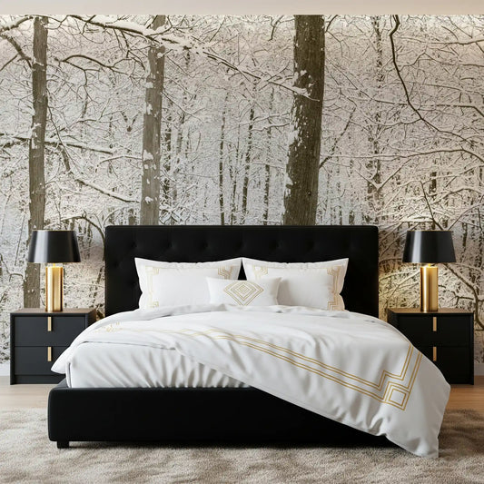 Snowy birch wall mural lending calm to a restful bedroom GD12836
