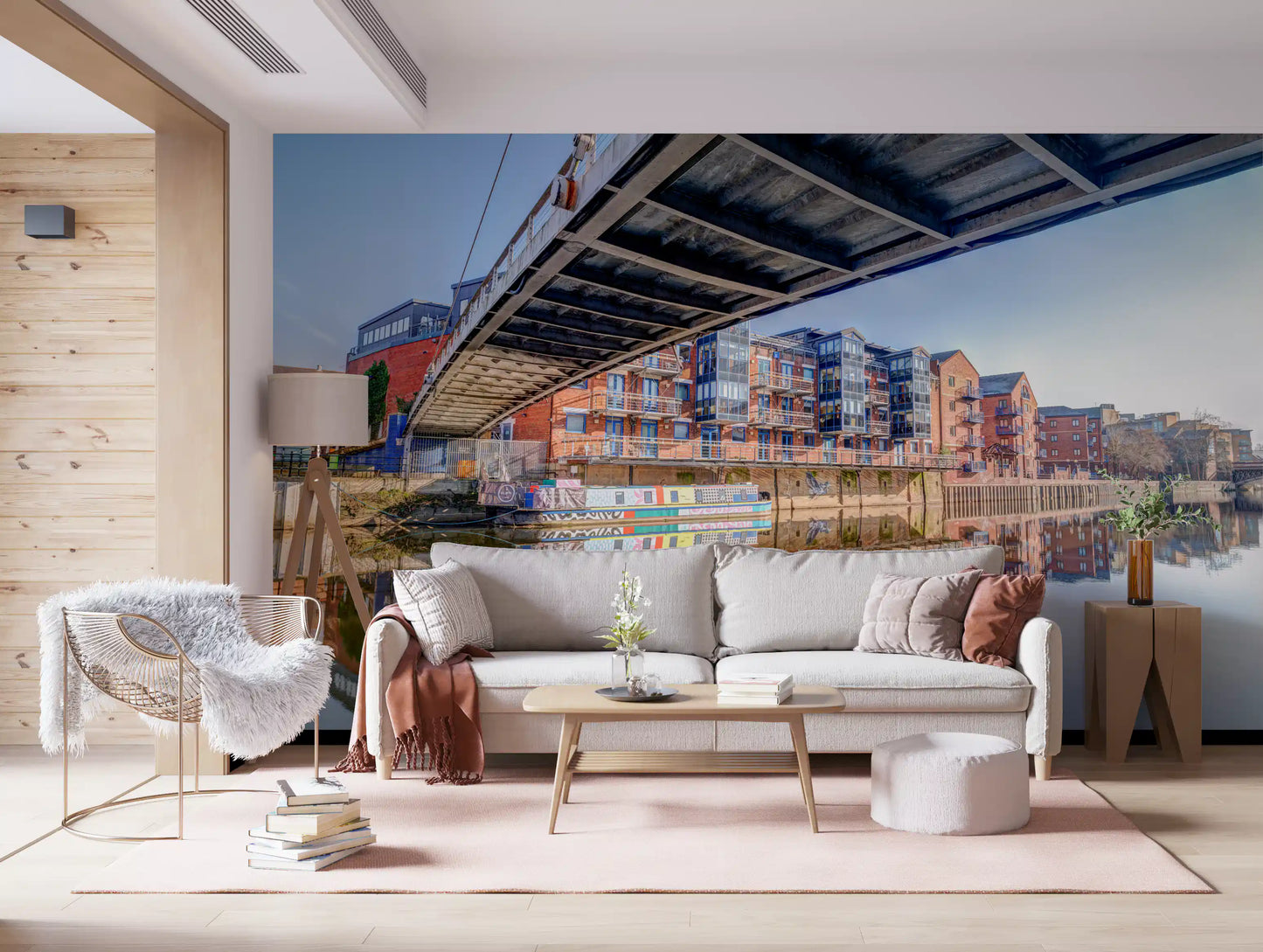 Brick waterfront glowing behind a living room, the Riverside wall mural GD12837
