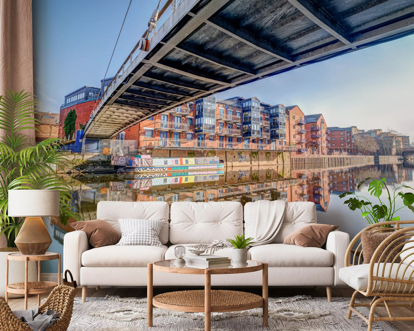 Under the arch of a steel bridge, this Riverside wall mural opens wide GD12837
