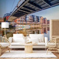 Steel bridge scene wrapping an open living room in one wall mural GD12837
