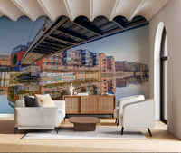 Warm brick tones meet cool steel across the Riverside wall mural GD12837
