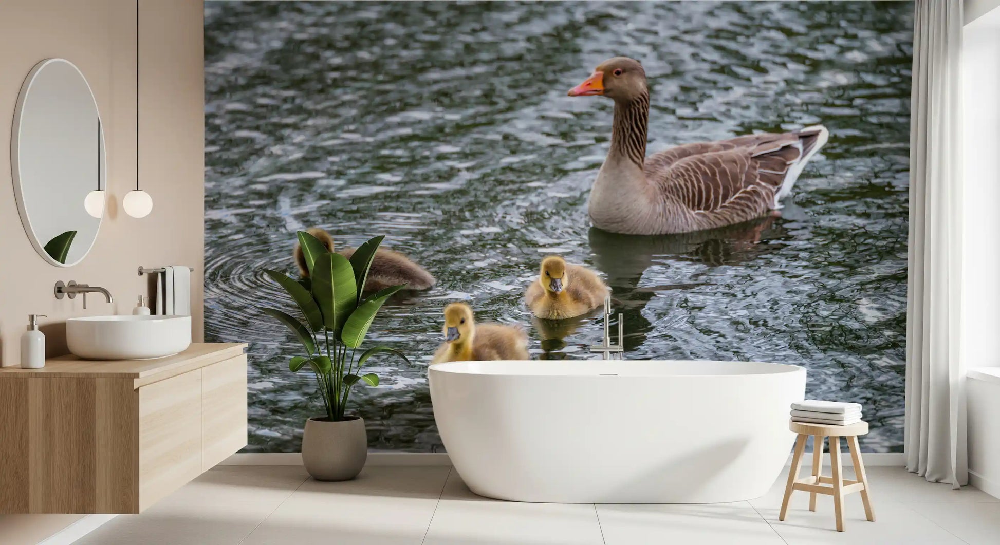 Greylag goose pond wall mural filling a calm bathroom feature space GD12838
