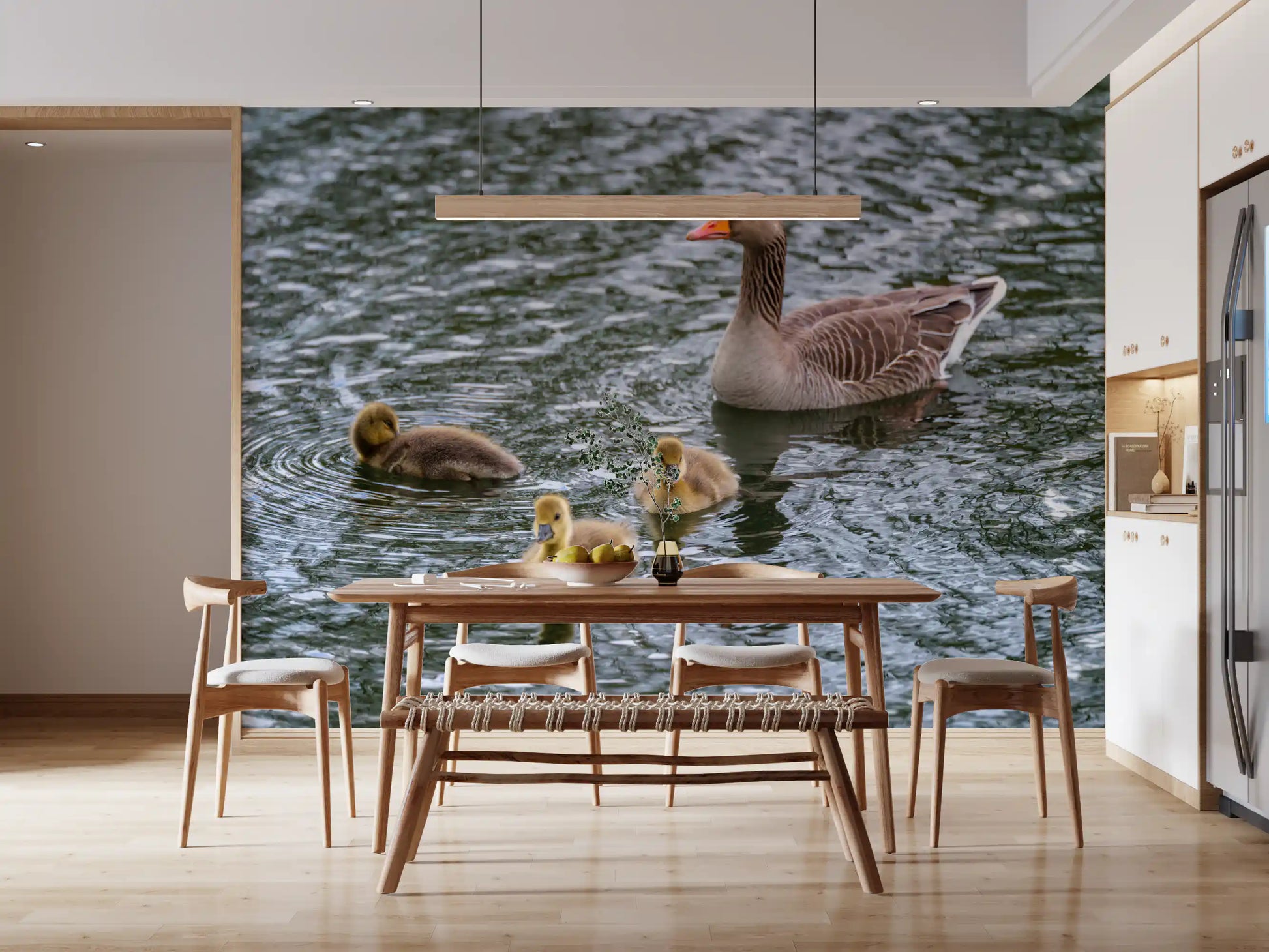 Serene Waterfowl wall mural shows a goose leading three young goslings GD12838
