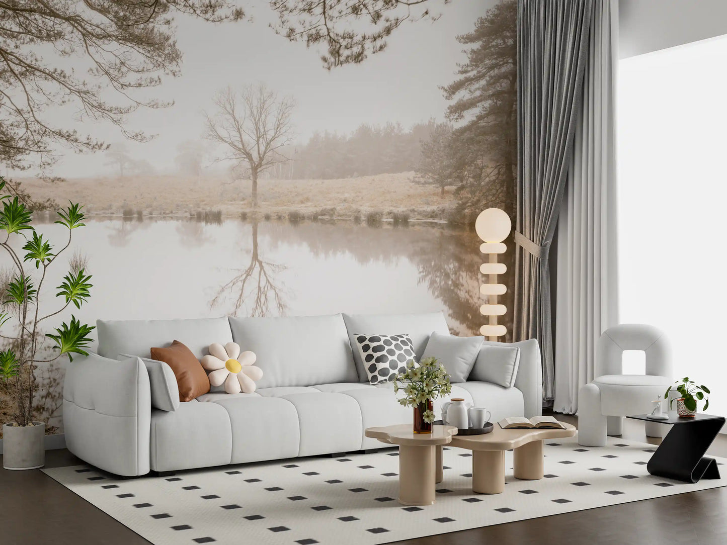 Living room framed by the Ethereal Sepia Forest Reflection wall mural, GD12839
