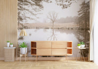 Ethereal Sepia Forest Reflection wall mural showing a lone mirrored tree, GD12839
