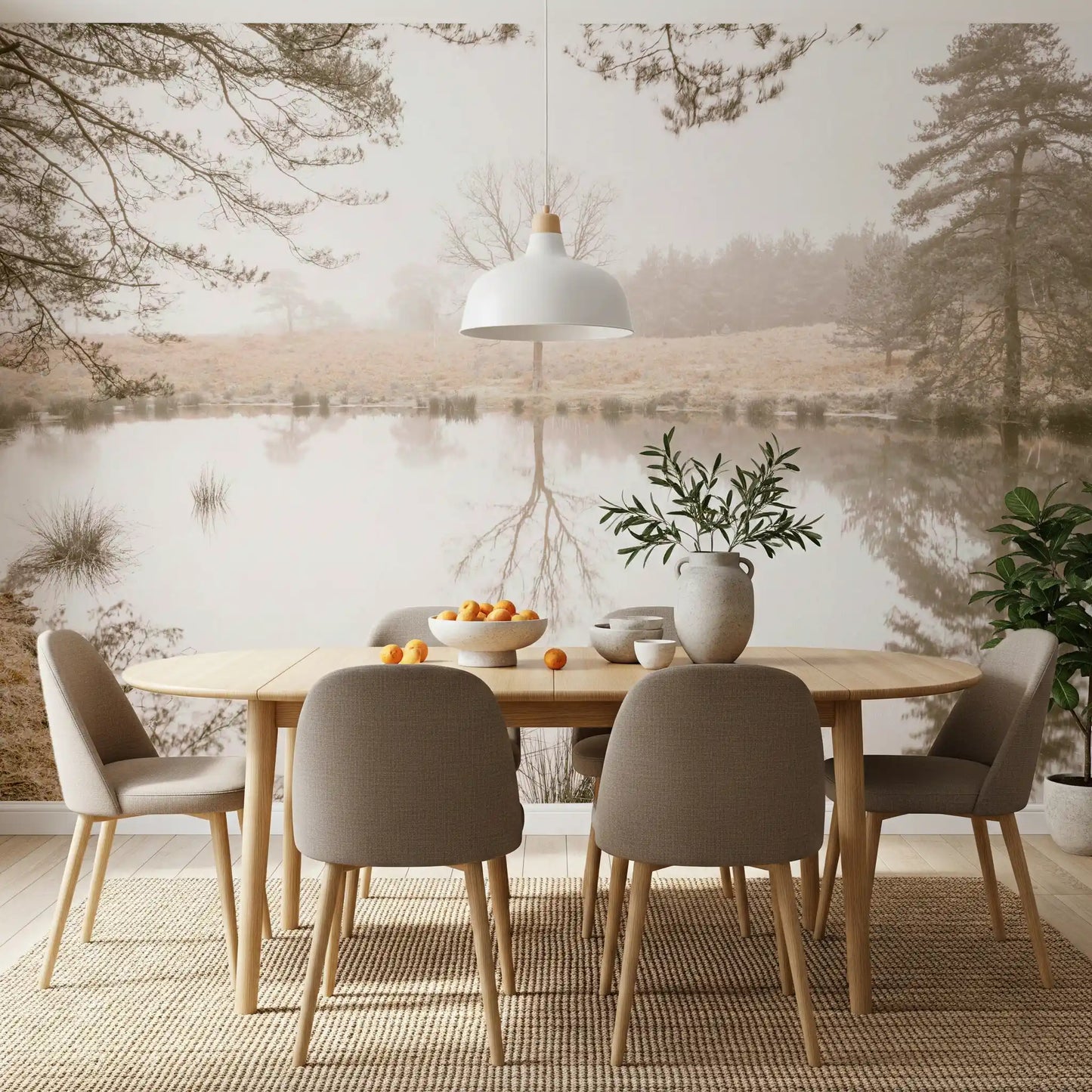 Glassy water doubles the bare forest across the wall mural, GD12839
