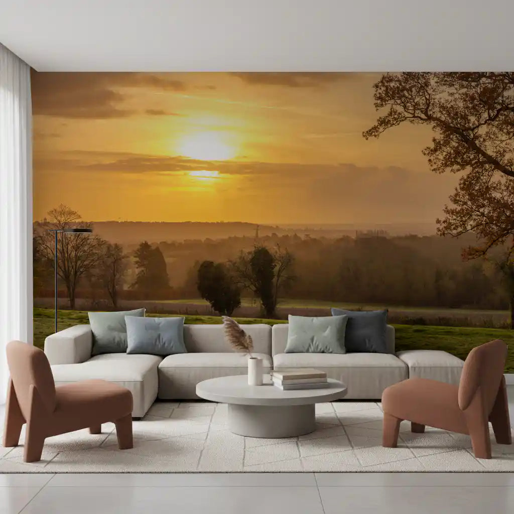 Golden sunset wall mural glowing over a calm living room, GD12840
