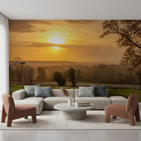Golden sunset wall mural glowing over a calm living room, GD12840
