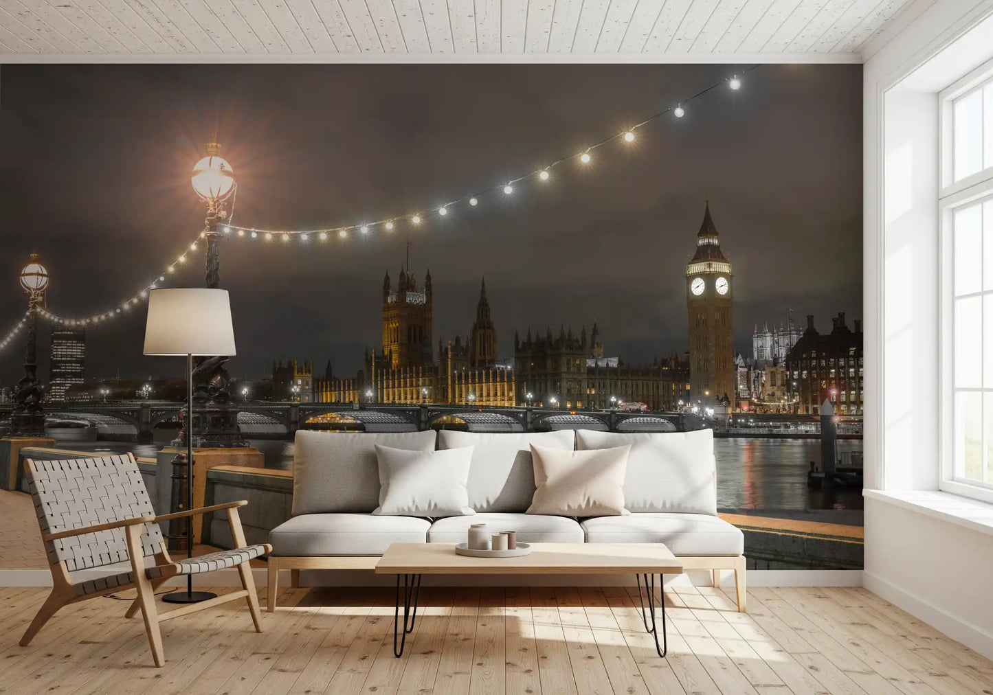 Living room glows under the Thames Riverfront Twilight wall mural at night GD12841
