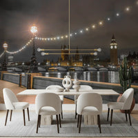 Dining room set against a lit London skyline in this Thames wall mural GD12841
