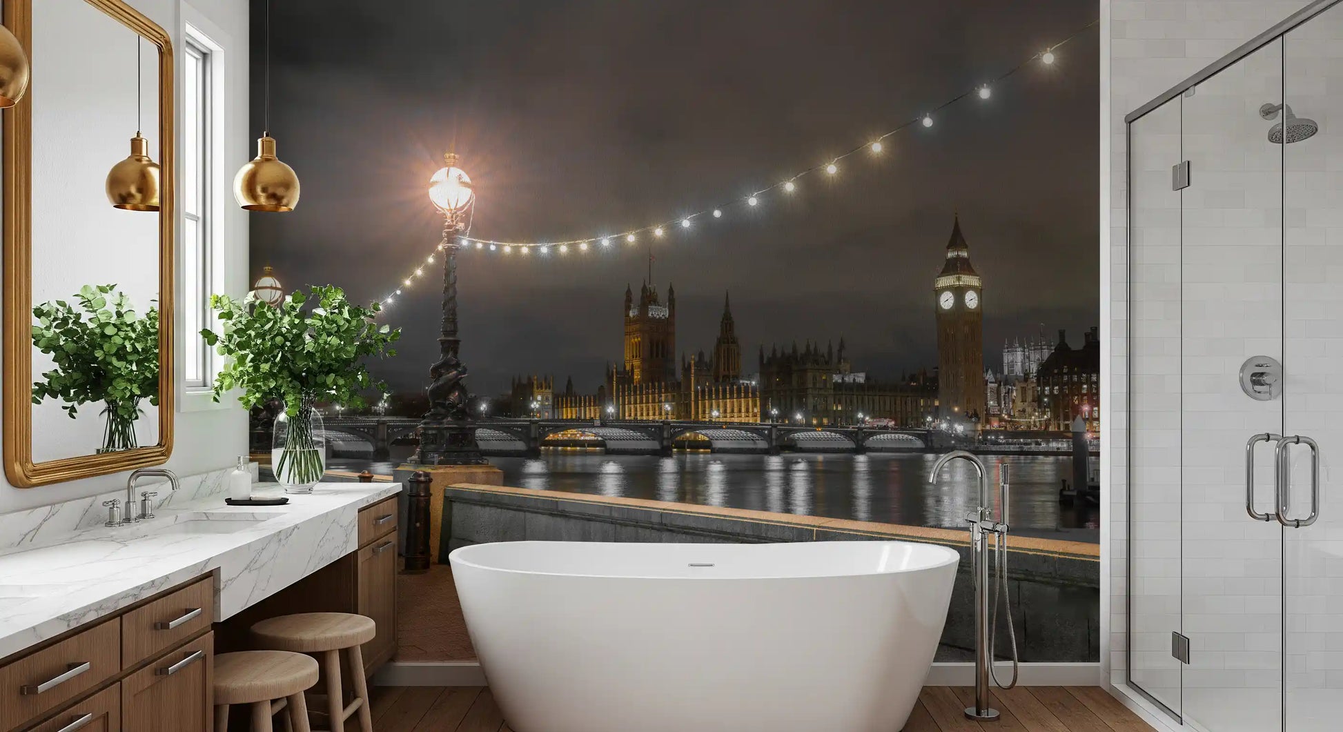 Cosy bathroom  paired with the Thames Twilight Scene wall mural after dark GD12841
