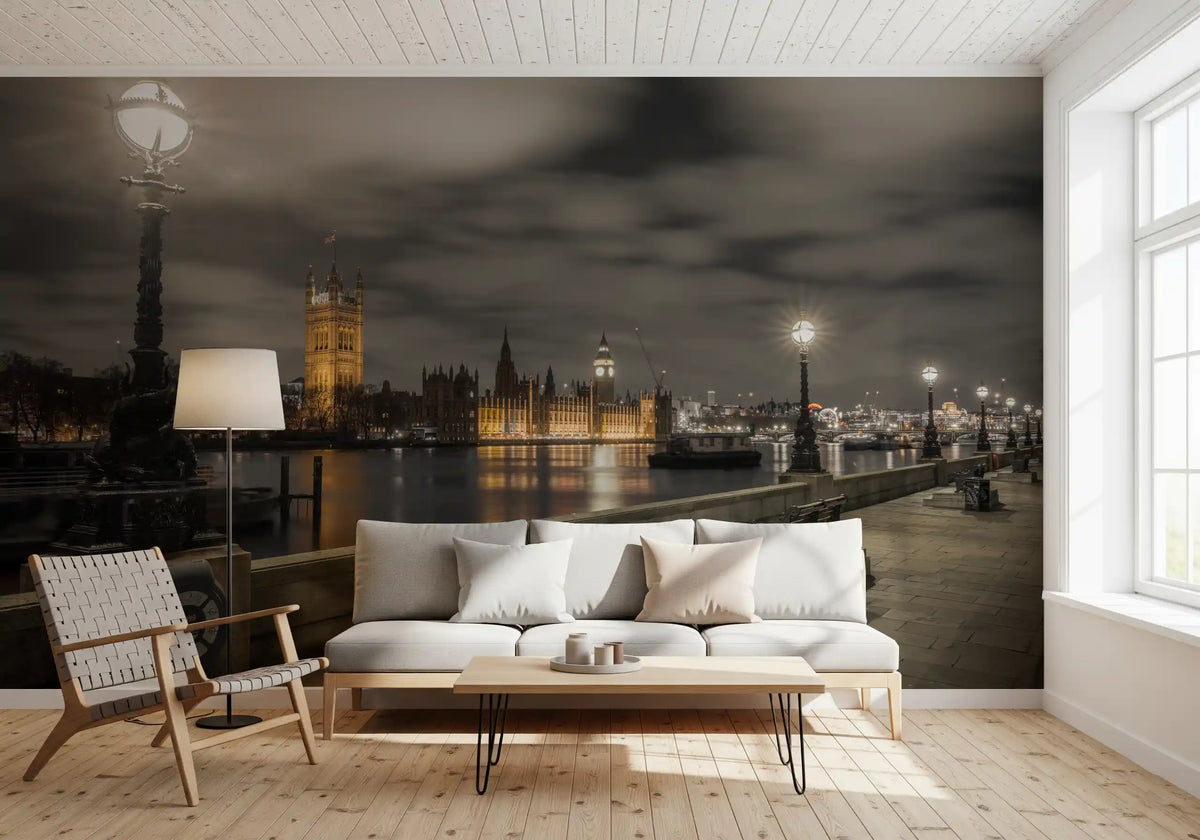 White sofa and wooden chair below the Westminster Riverside Vista wall mural at dusk GD12842