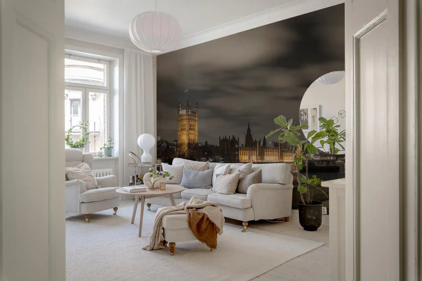 Golden Parliament light steadies a calm living room through this wall mural GD12842
