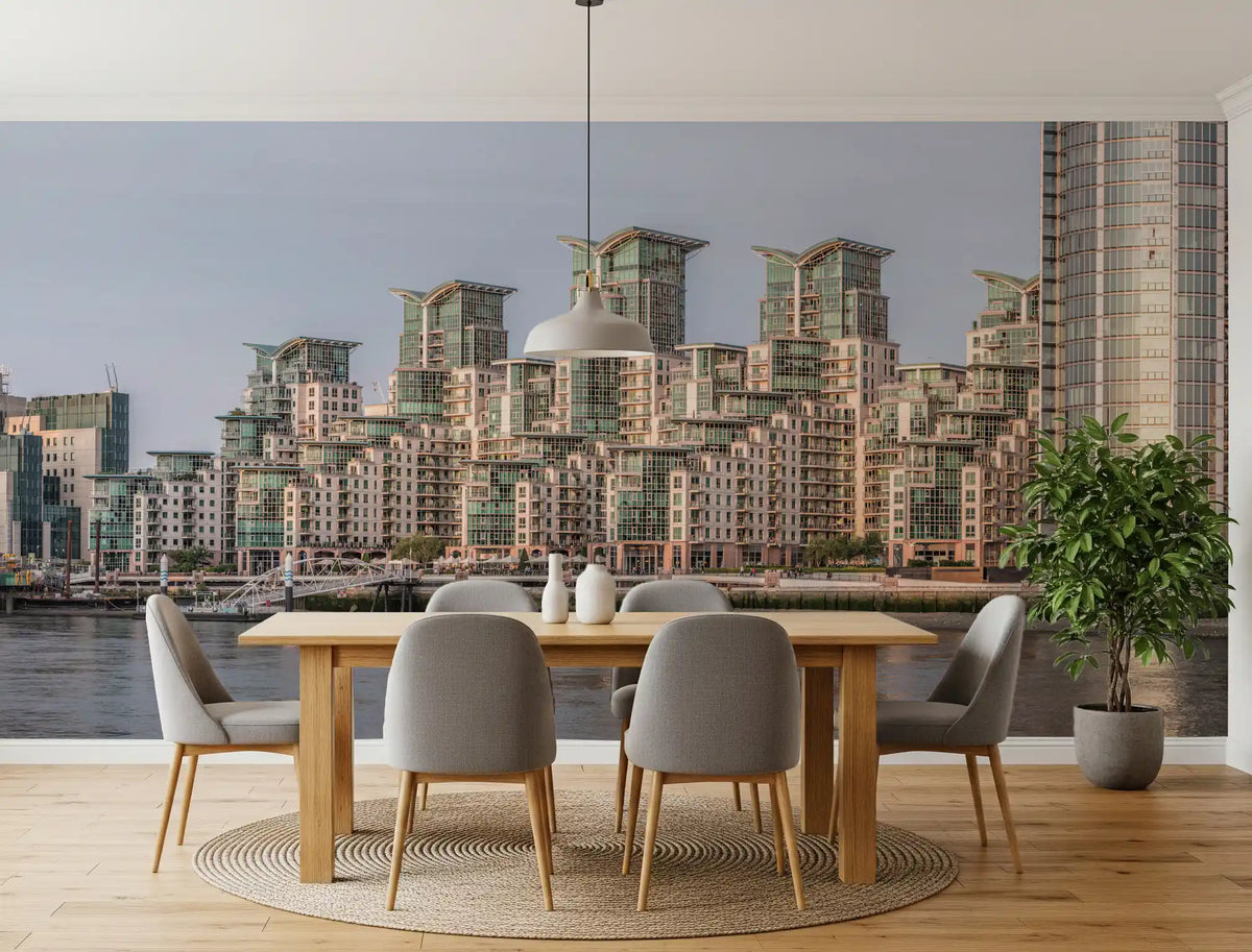 Dining table and grey chairs beneath the Metropolitan Waterfront Vista wall mural GD12843