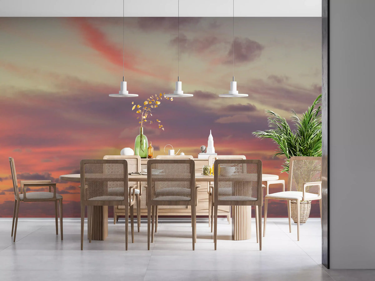 Rattan dining chairs and wood table under the Twilight Gradient Skies wall mural GD12844